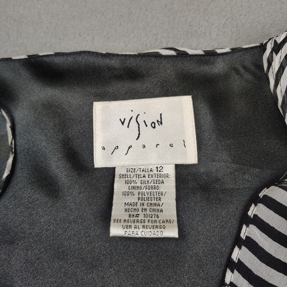 Vision 100% Silk Dress Women 12 Black White Striped Lightweight Flowy Slip On - Picture 6 of 9